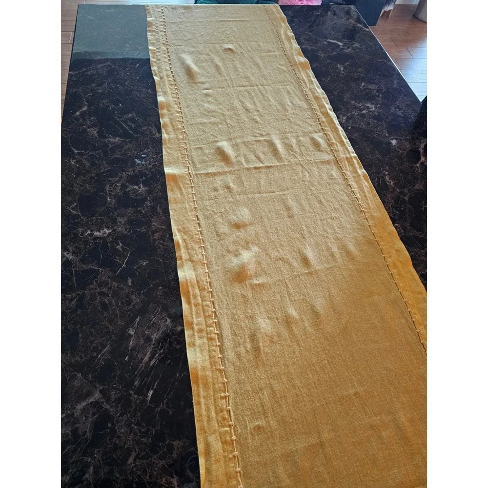 Williams Sonoma Yellow 100% Linen Table Runner Made in‎ Italy Ladder Stitch